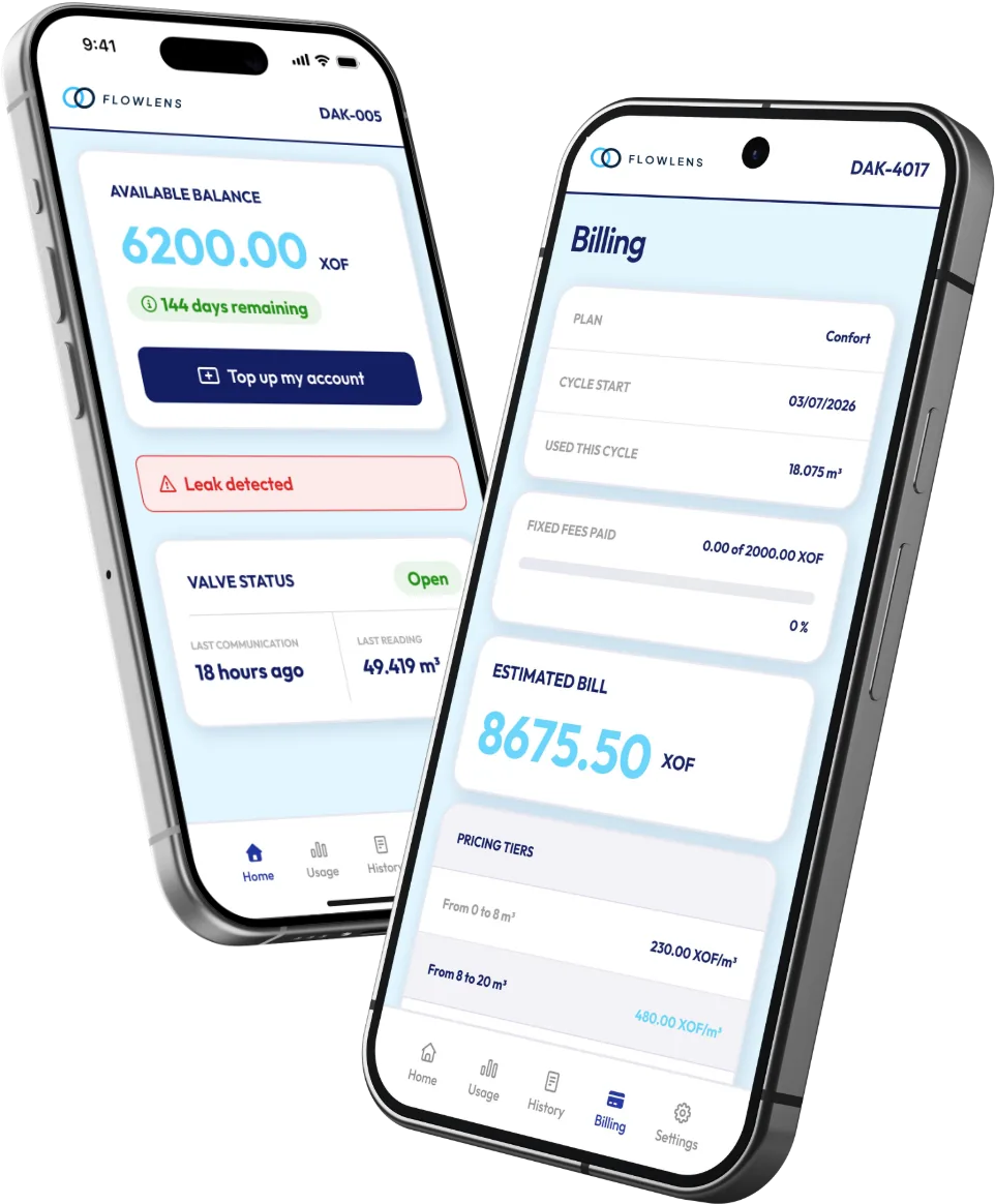 Customer app: balance, valve status and estimated bill